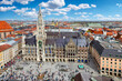 Panoramic, elevated view of the new city hall at Marienplatz Square in Munich, Germany
