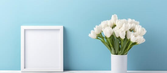 Canvas Print - A beautiful arrangement of white tulips in a clear vase placed next to a picture frame hanging on a vibrant blue wall