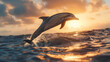 Graceful dolphin leaping from crystal-clear waters against a sunlit horizon, with tranquil seascape in the backdrop