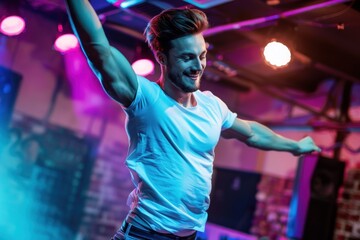 photo of lovely man dance in modern night club