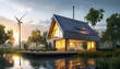 A modern eco-friendly lakeside house with solar panels and a wind farm that illuminates the sun.