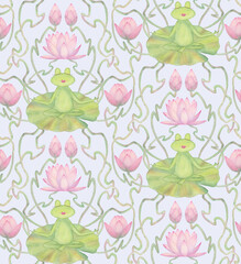  Frogs meditation of in art nouveau style lake seamless pattern