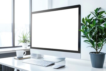 Modern bright office with work desk and computer white mockup screen