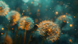 Close up of white head of dandelion on dark background with artificial light. Generative AI