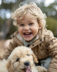 Canvas Print - A young boy smiling while sitting next to a dog. Generative AI.