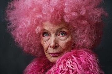 Wall Mural - An older woman with a pink wig and fur coat. Generative AI.