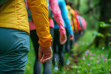 Close-up Of A Row Of People From Different Hiking Backgrounds In Colourful Jackets Walking Behind Each Other On A Path In A Green Nature Environment.