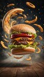 Hamburger is flying through air surrounded by  whirlwind of fries bursting out in all directions