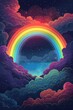 A rainbow in black clouds hiding dangers, flat illustration, mischievous, sophisticated and joyful