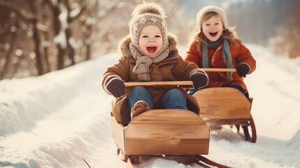  Happy funny children ride wooden retro sleds on snowy road in mountains