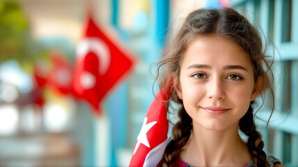 Wall Mural - Close up of young girl with scarf around her neck and flag in the background.