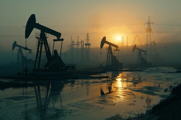 Black oil factory at sunset, conceptual illustration, created using ai tool