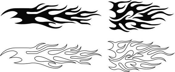 Tribal black fire flames tattoo design. Fire and flames flat or outline icon set. Contour bonfire, linear flaming elements isolated on transparent background. Hand drawn monochrome vector collect