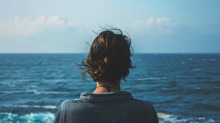 Person Gazing at the Ocean from a Rocky Shore