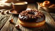 Donut au chocolat noisette gourmand sur table rustique avec café
