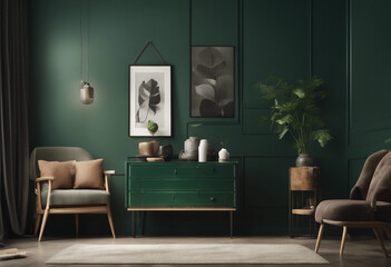 Wall Mural - Commode with decor in living room interior dark green wall mock up background 3D render