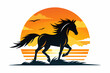 A horse galloping on a beach while a sunset is on the sky vector silhouette on white background  