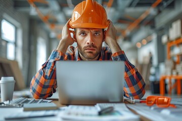 Male engineer in a hardhat looking overwhelmed by work in an industrial setting