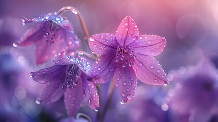 Wall Mural - Beautiful bright lilac bell flower in drops of morning dew. Close-up water drops. Generative Ai