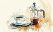 A watercolor illustration of a French press coffee maker and cup of coffee