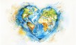 A watercolor illustration of Earth in the shape of a heart