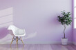 A white chair sits in front of a wall with a purple color. The chair is empty and the room is very clean