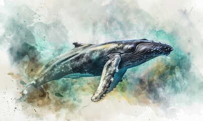 Sticker - Watercolor illustration of a humpback whale in the ocean