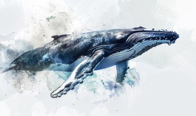 Wall Mural - Watercolor illustration of a humpback whale in the ocean