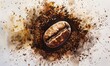 Vibrant watercolor painting of a coffee bean surrounded by coffee grounds