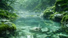 Serenity Of A Reflective Pool Nestled Among Moss-covered Rocks