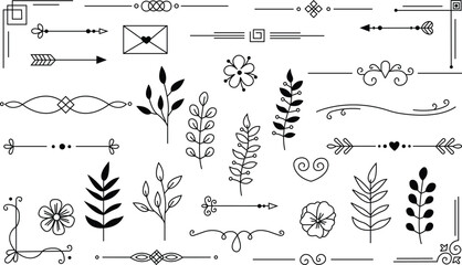 Decorative elements doodle black icon set. Boho arrows, ribbons, text dividers ornament, corner borders, and tree branches linear collection. Hand drawn vector isolated on transparent background