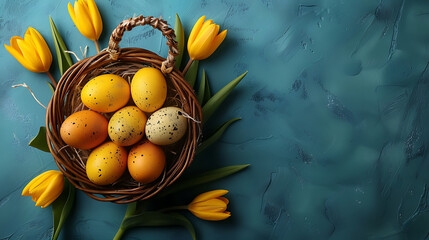 Easter greeting card template, easter background, colorful easter eggs in a nest and tulips, postal card size standart 148:105