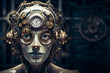 mechanical human face with clock on forehead,robot with gears and mechanisms,time concept