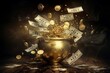 Golden Prosperity Explosion: Money Bursting from Pot in Vivid Detail.