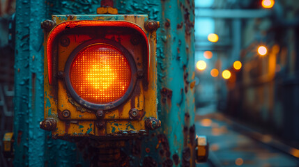 A traffic light with a yellow light is lit up