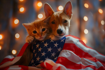 Wall Mural - Funny cat  and dog with big America USA  flag celebrates 4th of July Independence Day