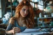 © Larisa AI - An attentive young red-haired woman studies documents, with an intimate coffee shop environment and a hint of bokeh in the background