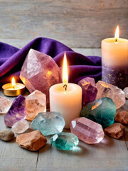 A set of esoteric healing crystals and candles