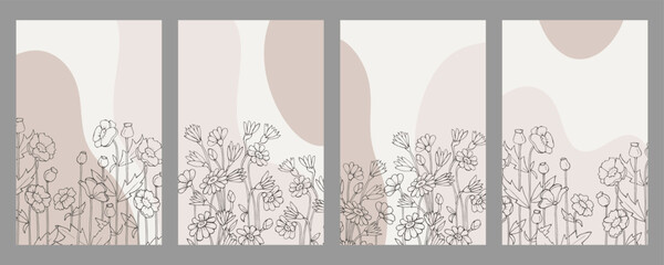 Sticker - Set of botanical cards, posters. Silhouette of wild flowers and plants in beige colors. Templates, vector