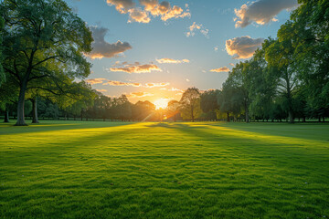 Wall Mural - A large, open field with trees in the background and a bright sun in the sky