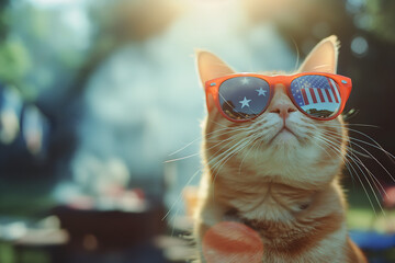 Wall Mural - Funny cat wearing sunglasses with America USA flag on lens, central park barbeque on the background, 4 July Independence Day celebration