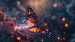 A close-up of a butterfly with wings that reflect the universe, stars and galaxies within.