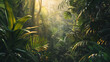 A dense jungle where the plants and trees are geometric shapes, vibrant and otherworldly.
