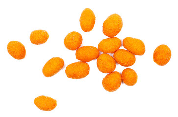 Wall Mural - Coated peanuts paprika isolated on white background, top view