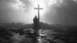 Man praying in front of a cross with copy space black white photo. Christian man prays to God. concept,  Ai generated image