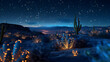 A panoramic view of a desert at night, illuminated only by a network of bioluminescent plants.