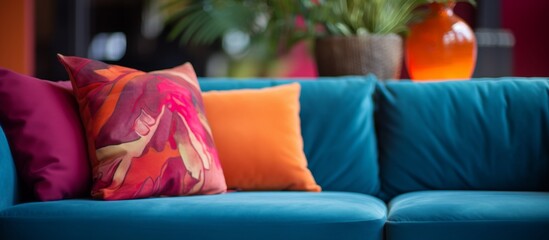 Poster - Vivid and colorful cushions arranged on a sofa with a blue hue, set in a cozy living space