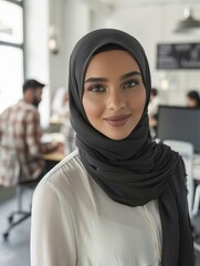 Wall Mural - A woman in a hijab smiling at the camera. Generative AI.