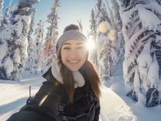 Poster - A woman taking a selfie in the snow with her skis. Generative AI.