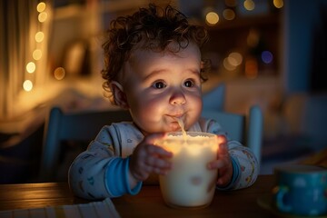 Poster - A baby drinking from a cup with milk in it. Generative AI.